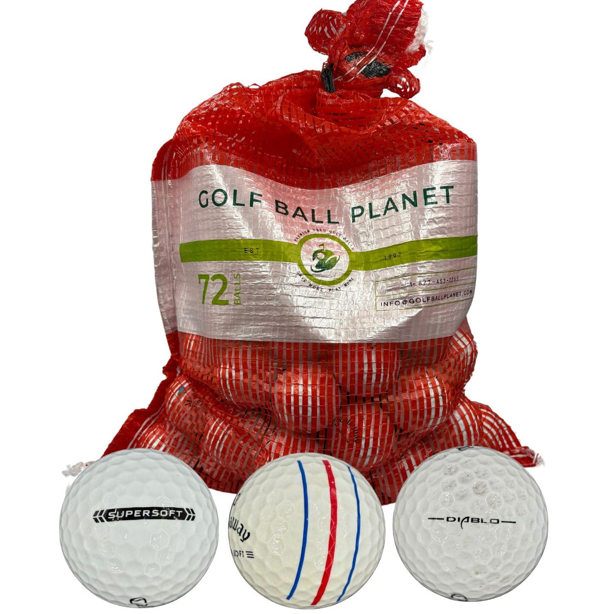 Golf Ball Planet 72-used Callaway mesh bag view for practice.
