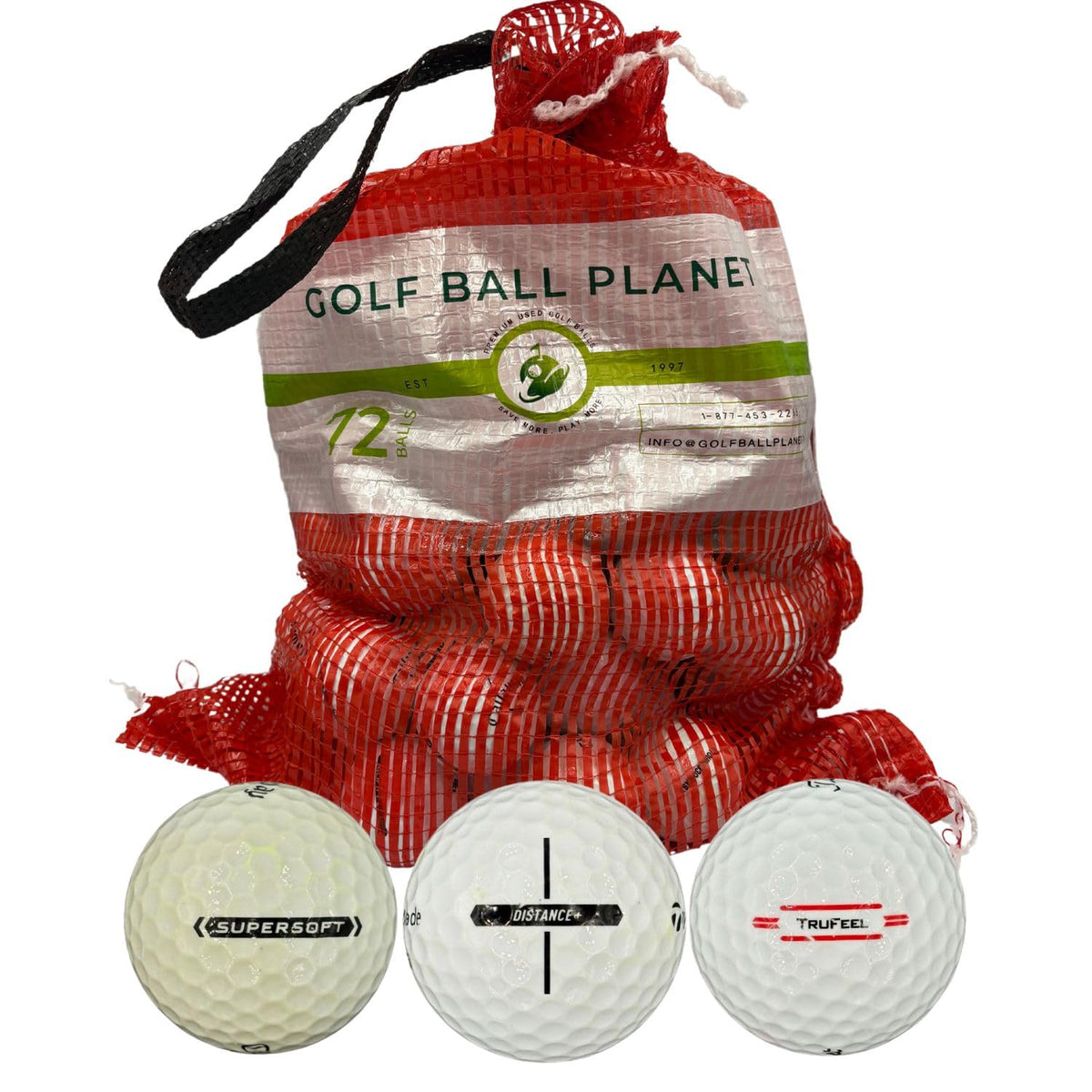 Golf Ball Planet Pro Line Mix balls display brand logos for versatile practice.