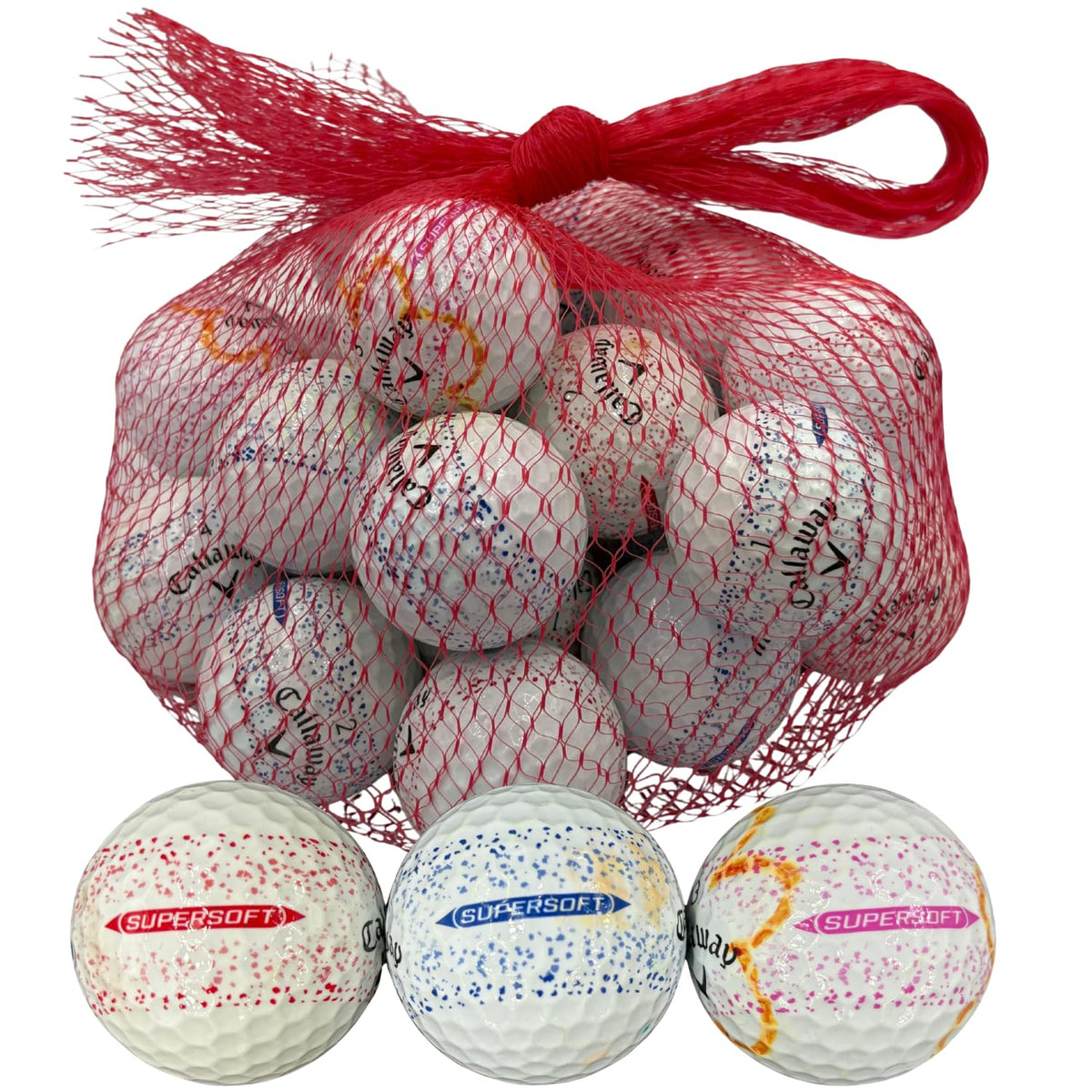 Golf Ball Planet Supersoft Splatter 360 logos show marks for personalized practice and identification.
