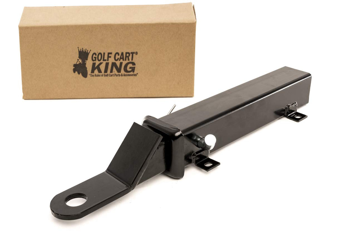 Golf Cart King rear seat trailer hitch receiver enables versatile towing and cargo options.
