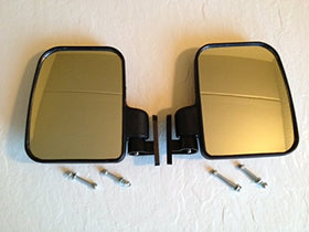 Golf cart side view mirror folded: stores compactly for narrow passages.