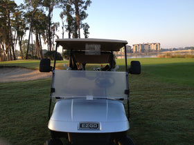 Golf cart side view mirror right: quick checks of traffic and pedestrians.