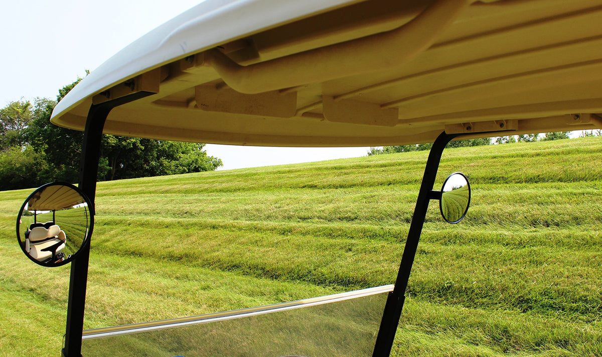 EzGo golf cart spot mirrors 6in left view enhance rear visibility for safer turns.