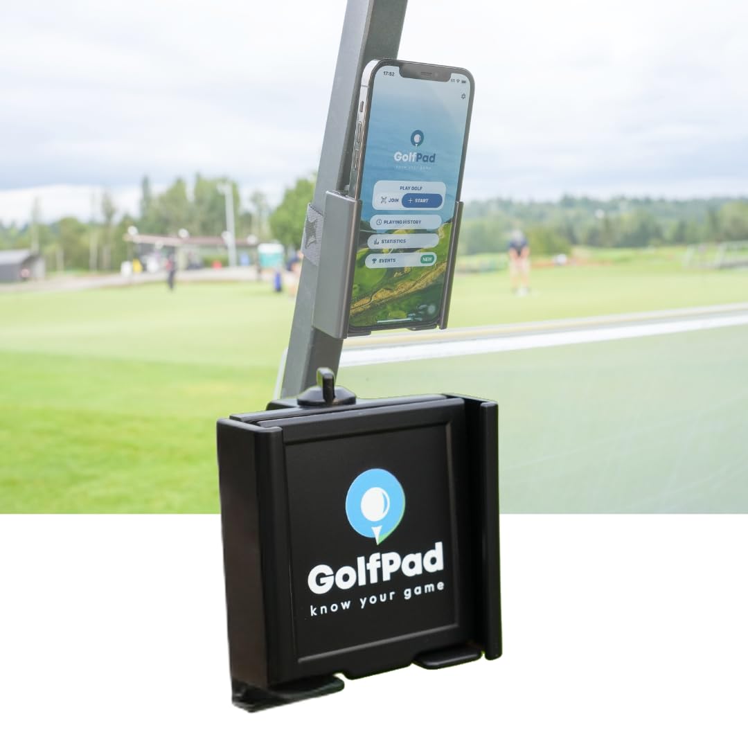 Golf Pad Adjustable Phone Holder keeps your phone secure and within reach on the cart