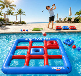 Golf Pong Chip Tac Toe floating grid enhances pool play and friendly competition.