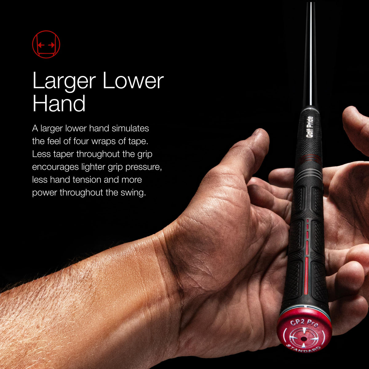 Golf Pride CP2 Pro grip lower-hand tension promotes lighter pressure.