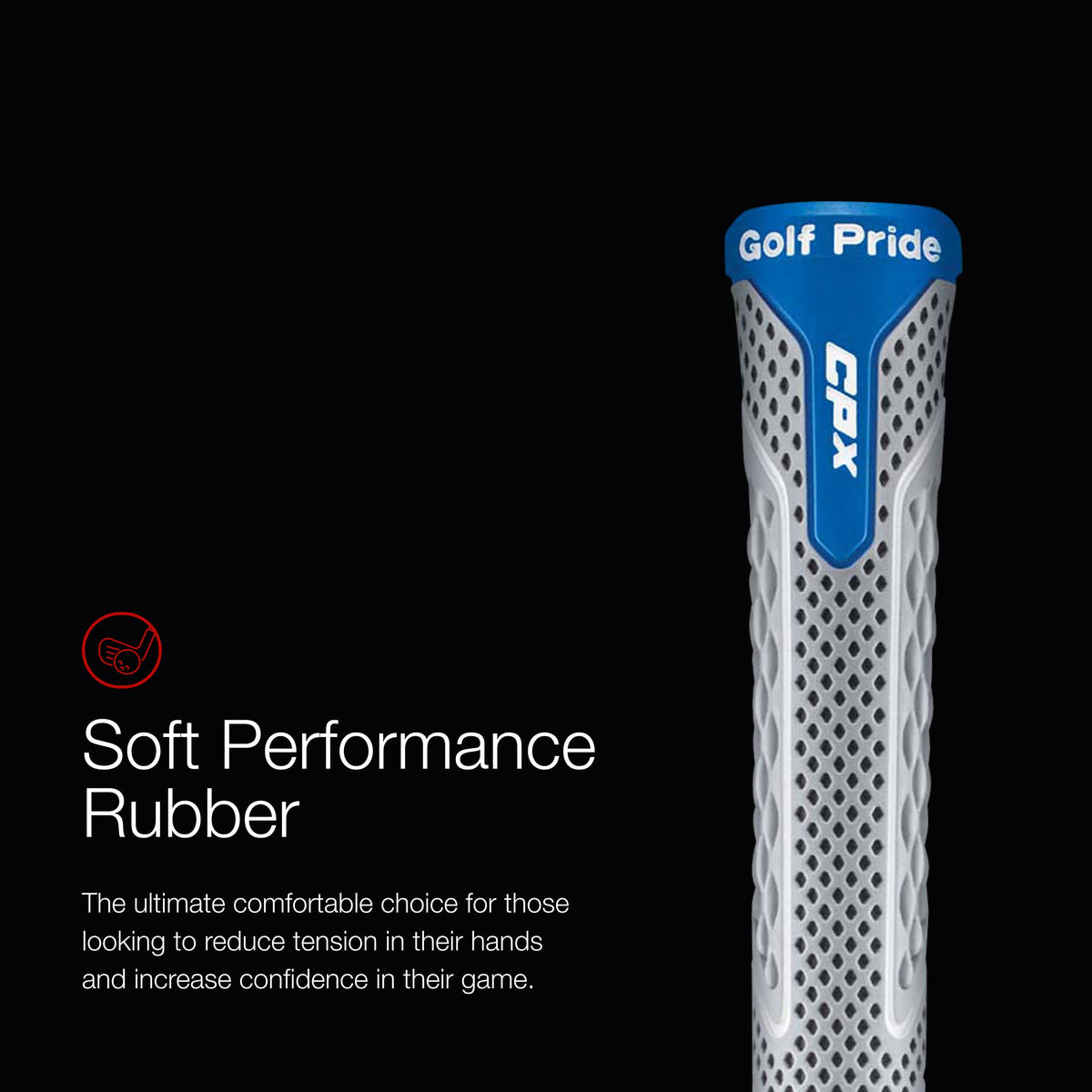 Golf Pride CPX grip close-up demonstrates soft rubber feel for comfortable sessions