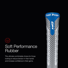 Golf Pride CPX grip close-up demonstrates soft rubber feel for comfortable sessions