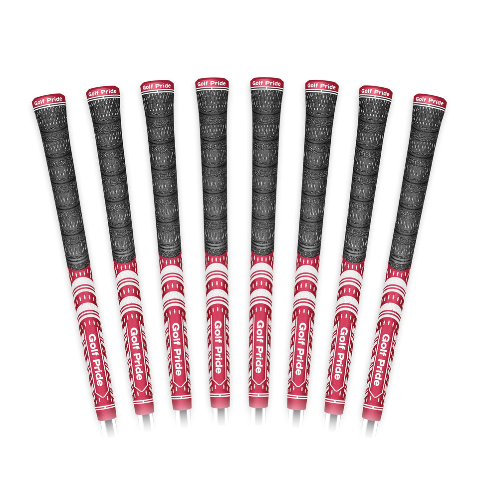 Golf Pride MCC all-weather hybrid grip closeup highlights dual-material stability for confident swings.