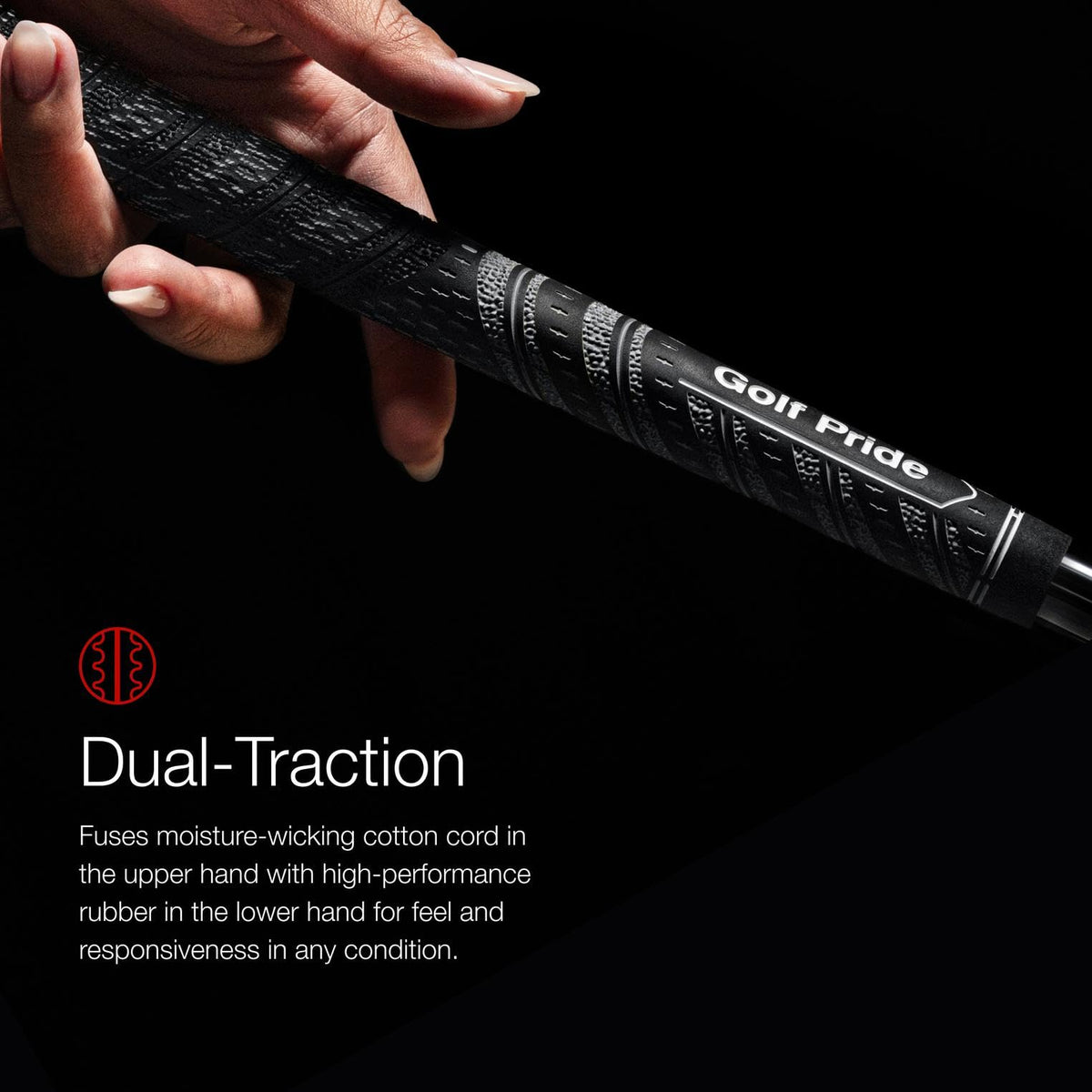 Golf Pride MCC all-weather hybrid grip pebbled-texture with plus-sign patterns enhances club connection.