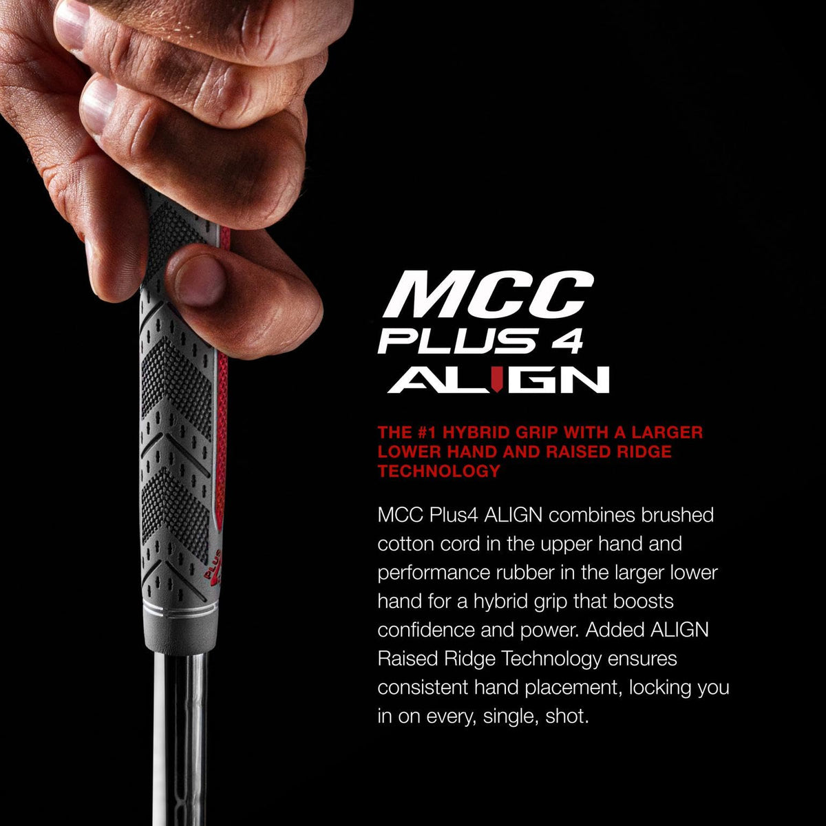 Golf Pride MCC Plus4 Align raised ridge design highlighting hand placement aid.