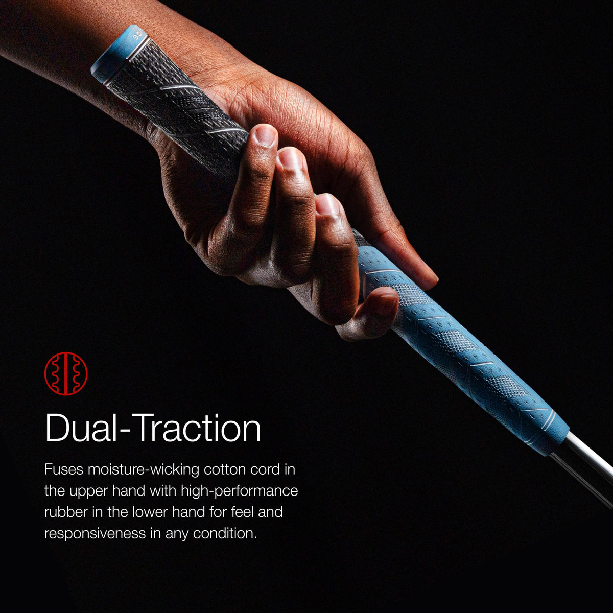 Golf Pride MCC Plus4 pebbled texture enhances grip traction during damp rounds.