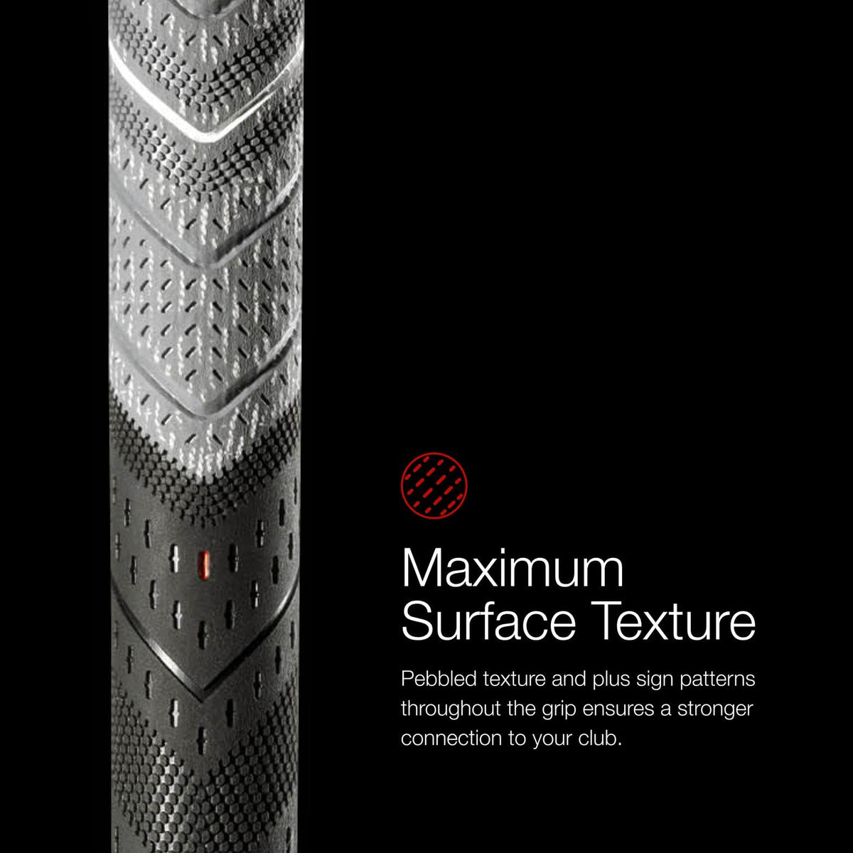 Golf Pride MCC Plus4 textured pebble surface provides secure grip in wet or sweaty rounds.