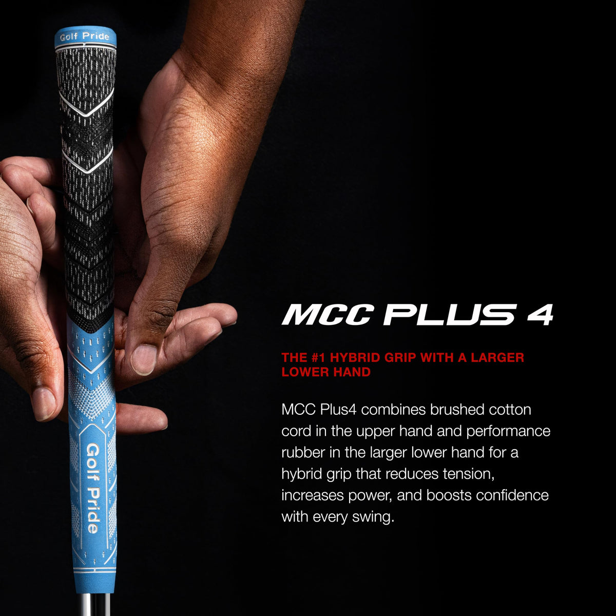 Golf Pride MCC Plus4 upper hand cord closeup highlights moisture-wicking cord for dry hands.