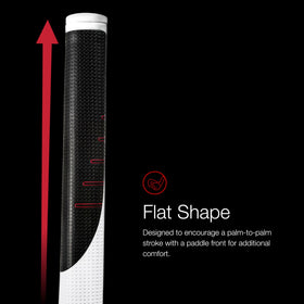 Larger lower hand design for stable grip through the putt.