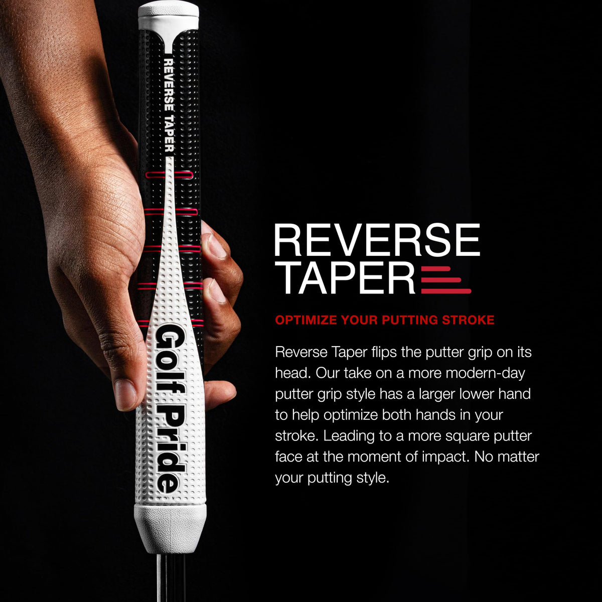 Golf Pride Reverse Taper putter grip on a putter illustrates stability and square impact