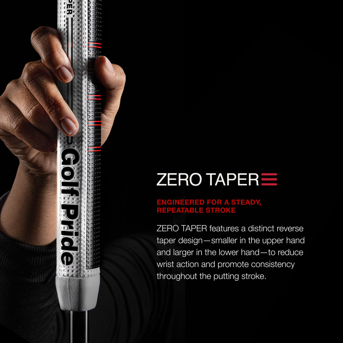 Golf Pride Zero Taper putter grip with dimpled surface for reliable traction.