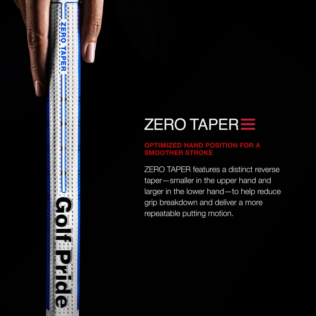 Golf Pride Zero Taper grip showing flat front paddle for improved face awareness