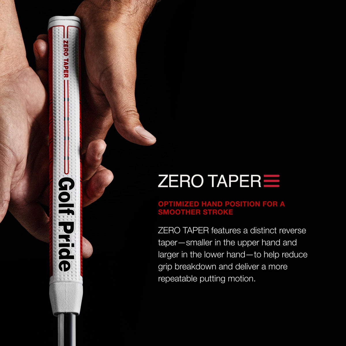 Golf Pride Zero Taper putter grip side view emphasizes flat paddle and face awareness