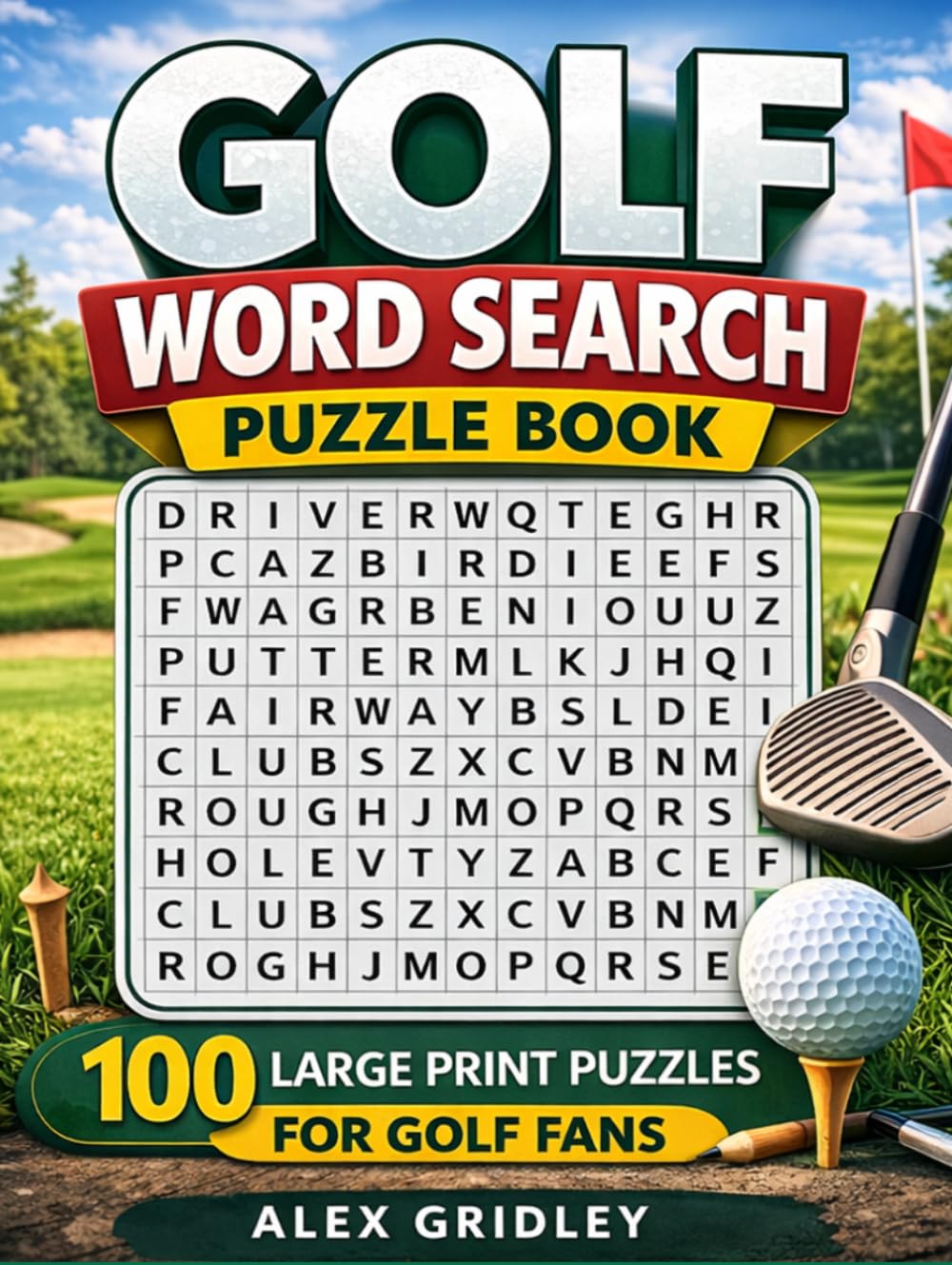 Golf Word Search Puzzle Book cover with 100 large-print puzzles for golf fans on the go.