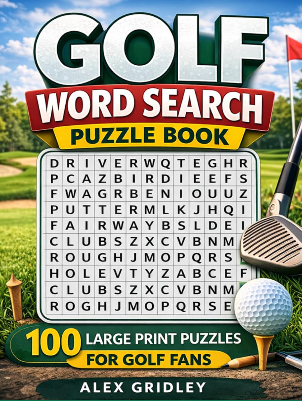 Golf Word Search Puzzle Book cover with 100 large-print puzzles for golf fans on the go.