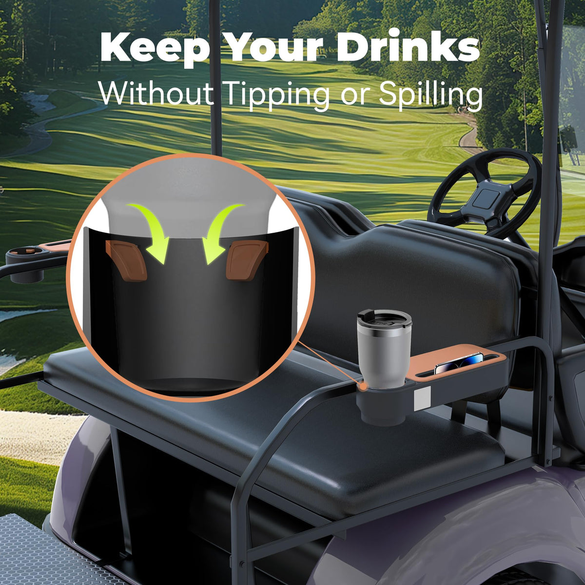 GOLFCOZER cup holder with drainage keeps drinks secure on rough tracks.