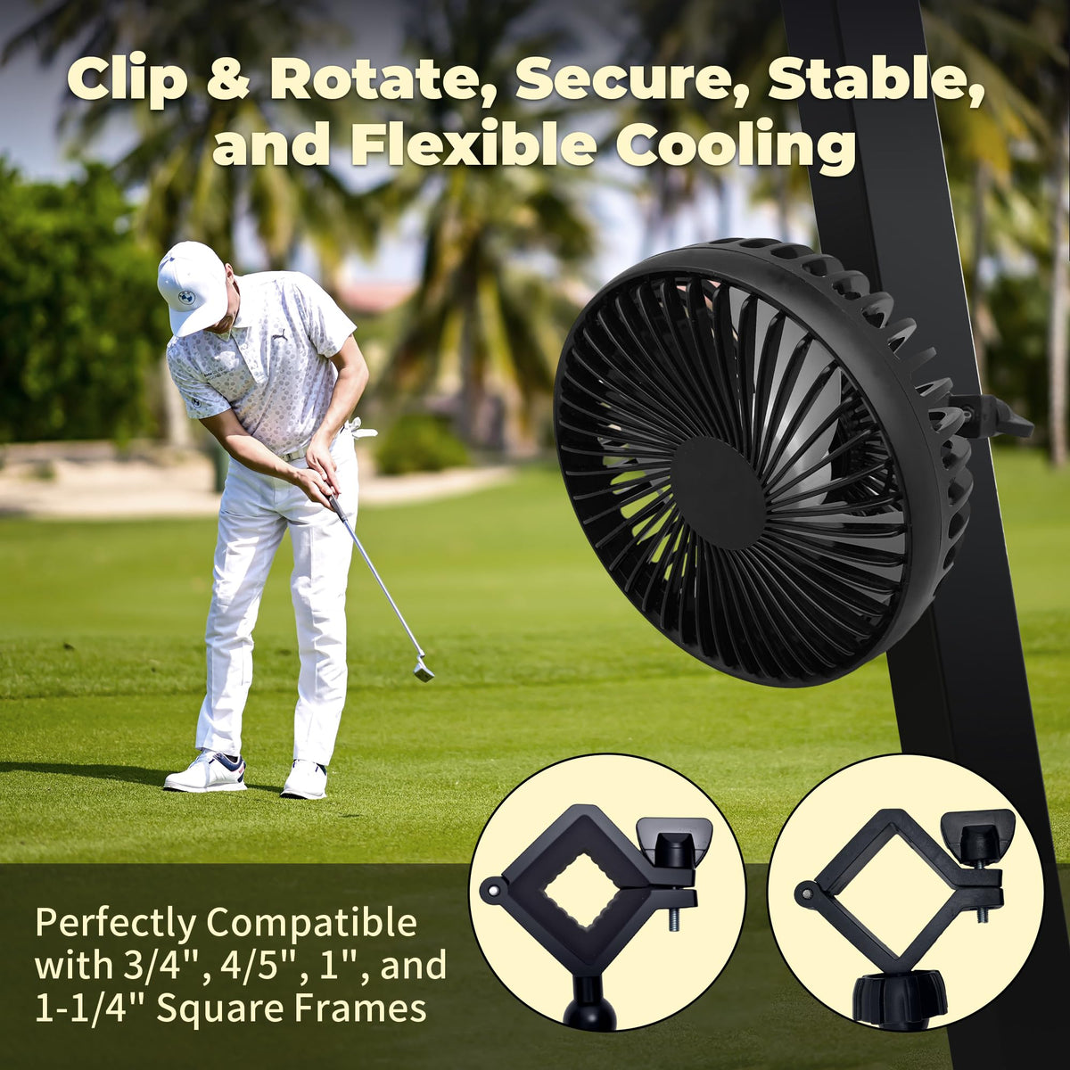GOLFCOZER golf cart fan secured by a sturdy bracket for rough terrain