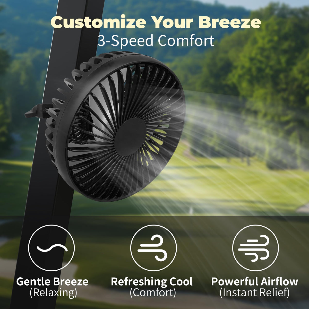 GOLFCOZER golf cart fan shows three-speed settings for customizable cooling