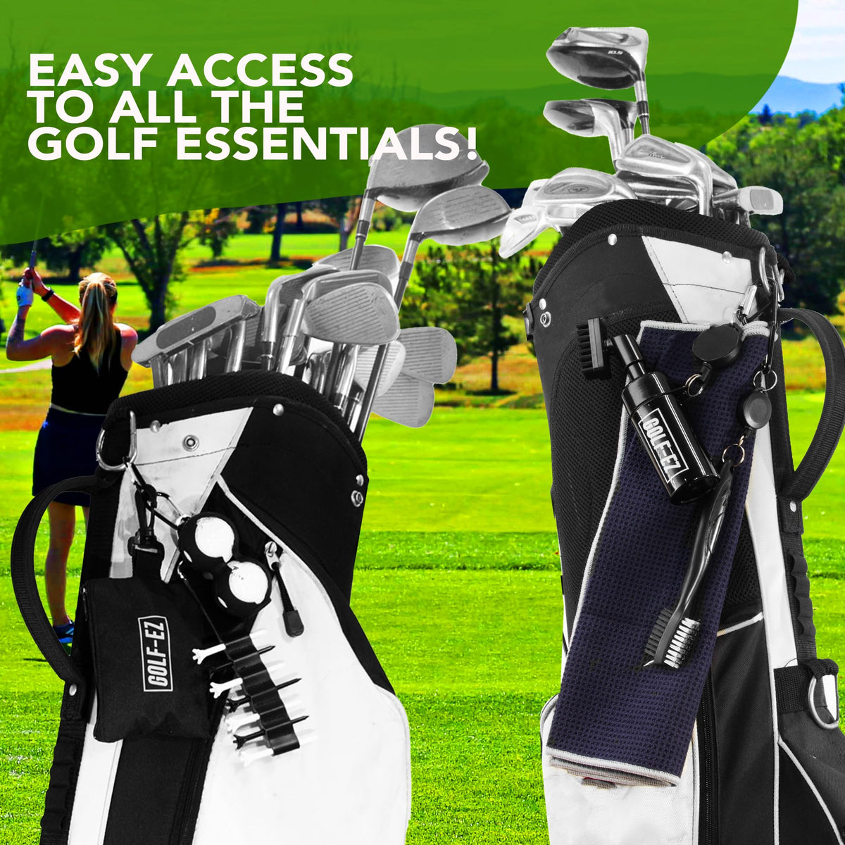 Golf-EZ bag attachment keeps essentials accessible on the bag.