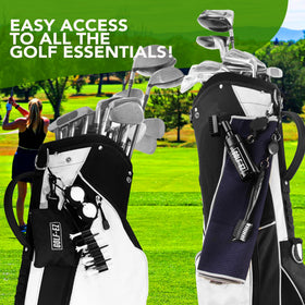Golf-EZ bag attachment keeps essentials accessible on the bag.