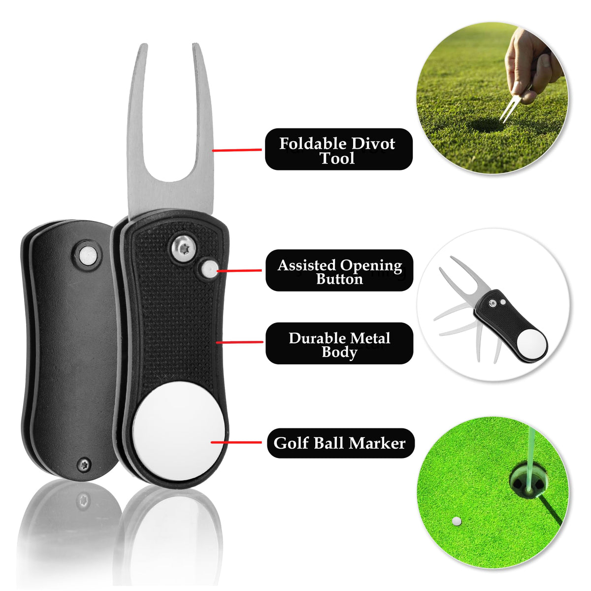 Golf-EZ foldable divot tool with magnetic ball marker for quick repairs.