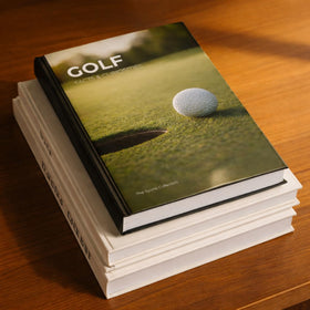Golffacts Curiosities large hardcover shines under desk lighting for chic spaces.
