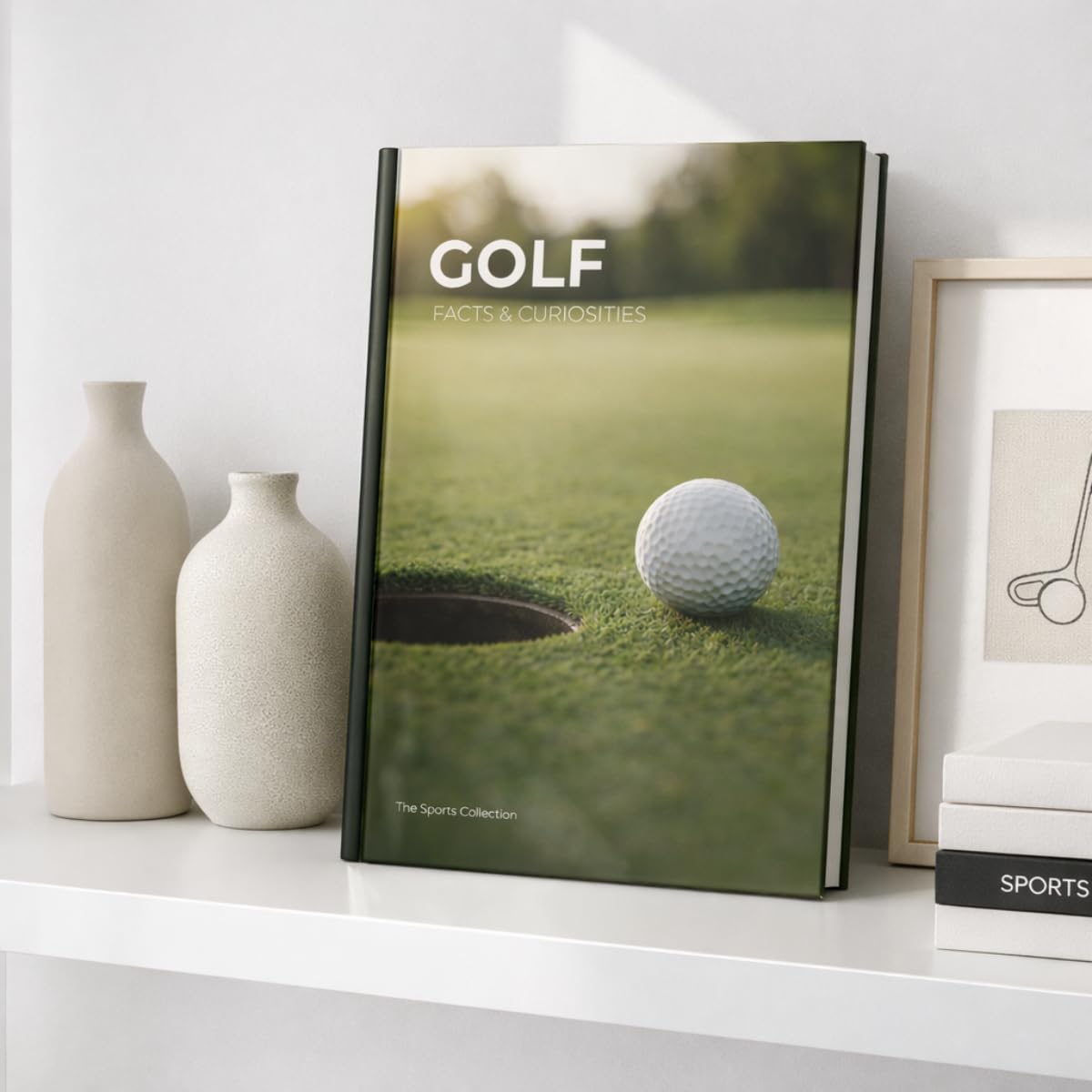 Golffacts Curiosities pages displayed on shelves add refined golf history details.
