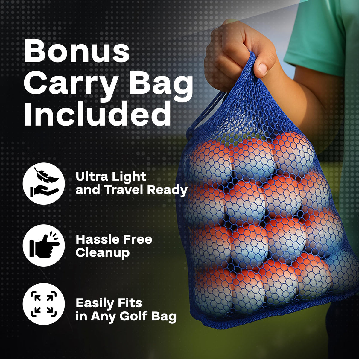 Golfgen carry bag included for easy transport and quick cleanup.