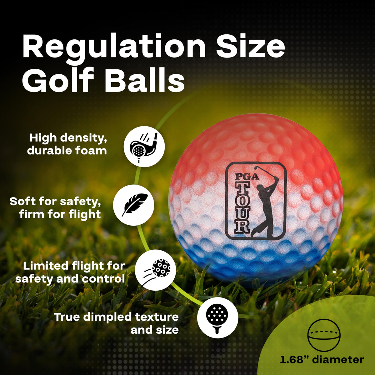 Golfgen foam ball indoors swing close-up for realistic contact simulation.