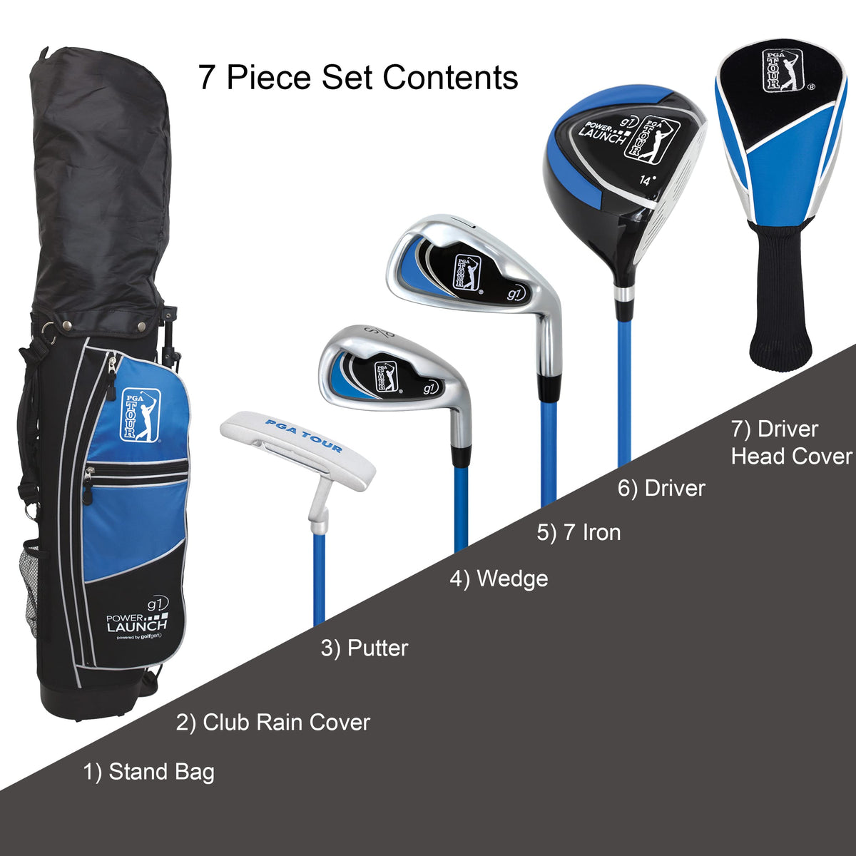 Golfgen PGA Tour GS1 junior set side view highlights kid-friendly grip and compact sizing.
