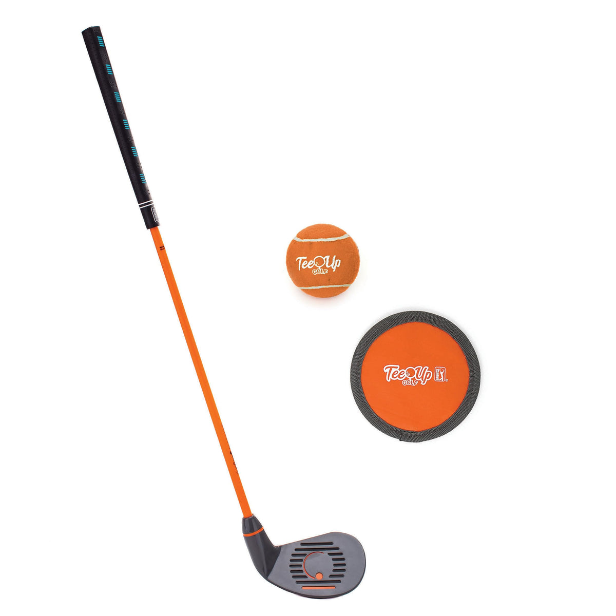 Golfgen Tee-Up 3-Piece Set in orange for left-handed practice and home use.