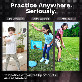Golfgen Tee-Up club provides real-feel grip, shaft, and head for chipped shots.