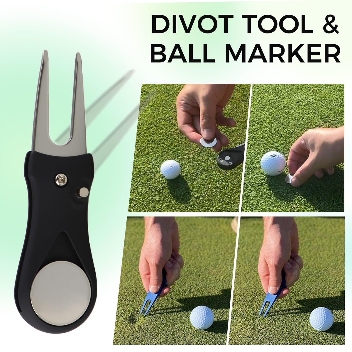 Golfupp divot repair tool with magnetic marker fixes ball marks on greens