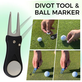 Golfupp divot repair tool with magnetic marker fixes ball marks on greens