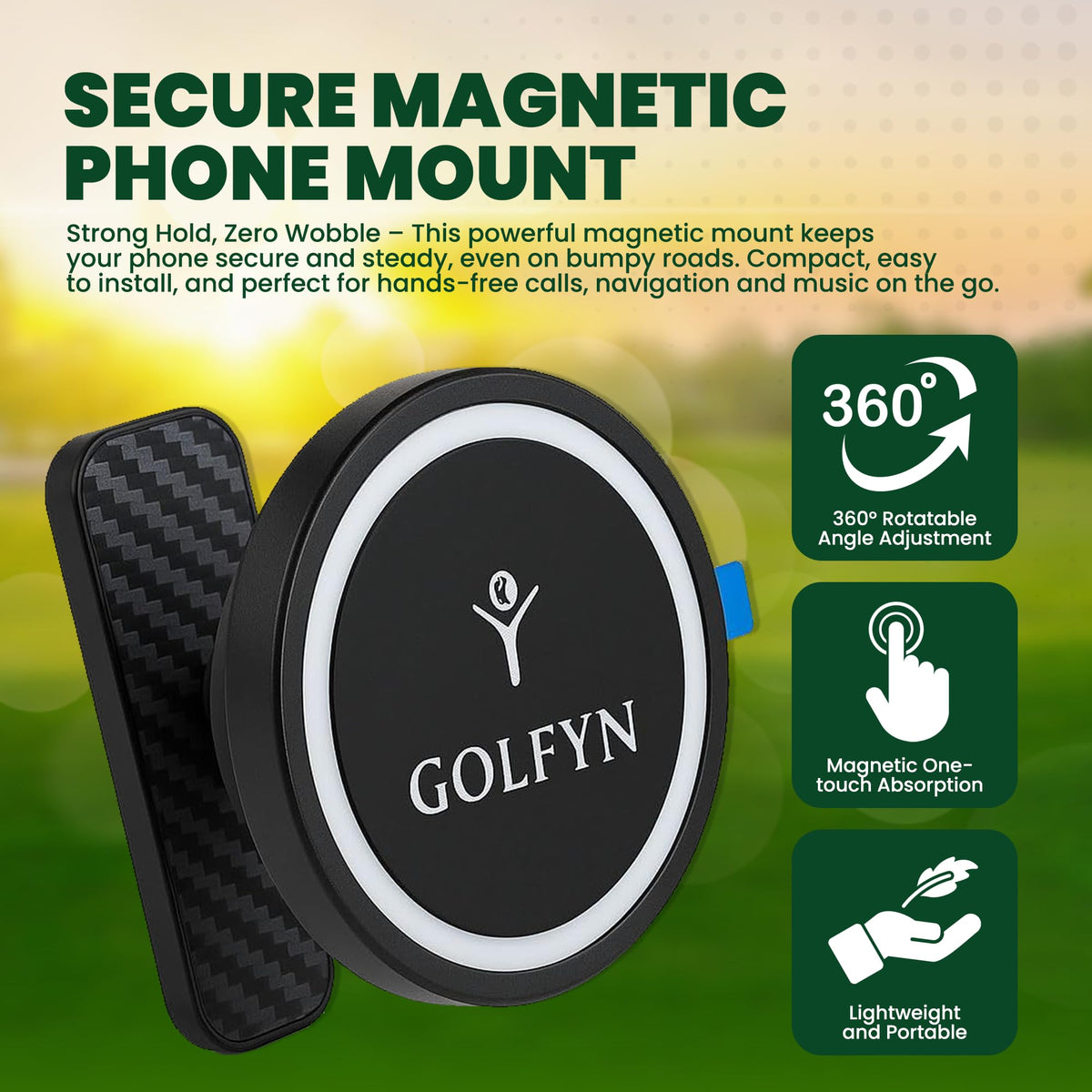GOLFYN 360-degree rotation mount enables flexible phone positioning on the course