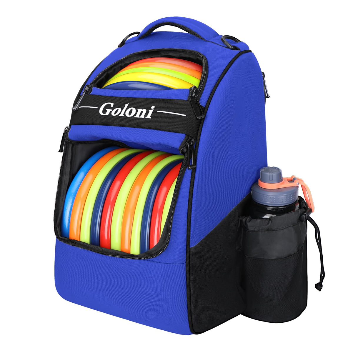 Goloni disc golf bag showing 23+ discs main compartment for organized transport