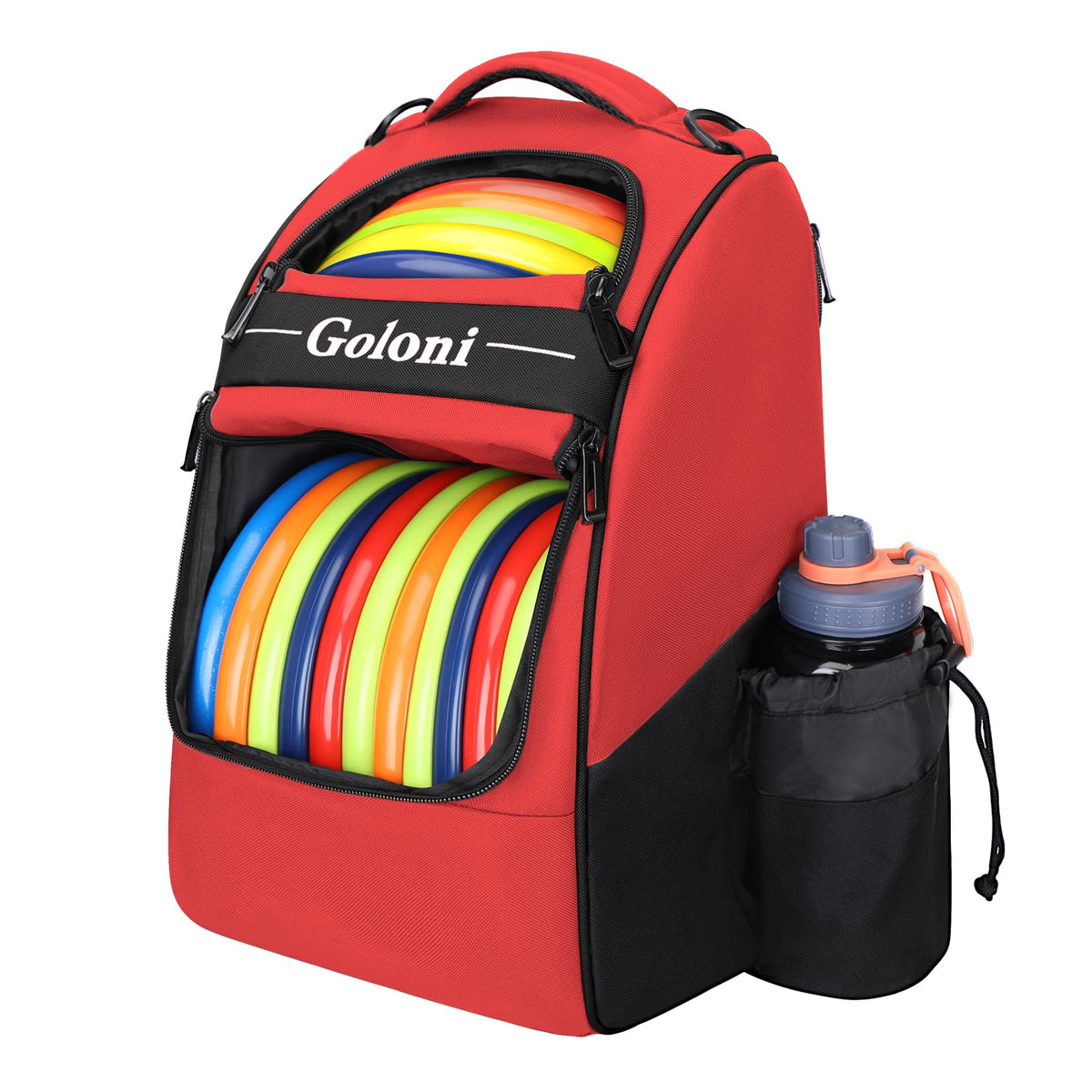 Goloni disc golf bag main compartment holds 23+ discs for versatile on-course options.