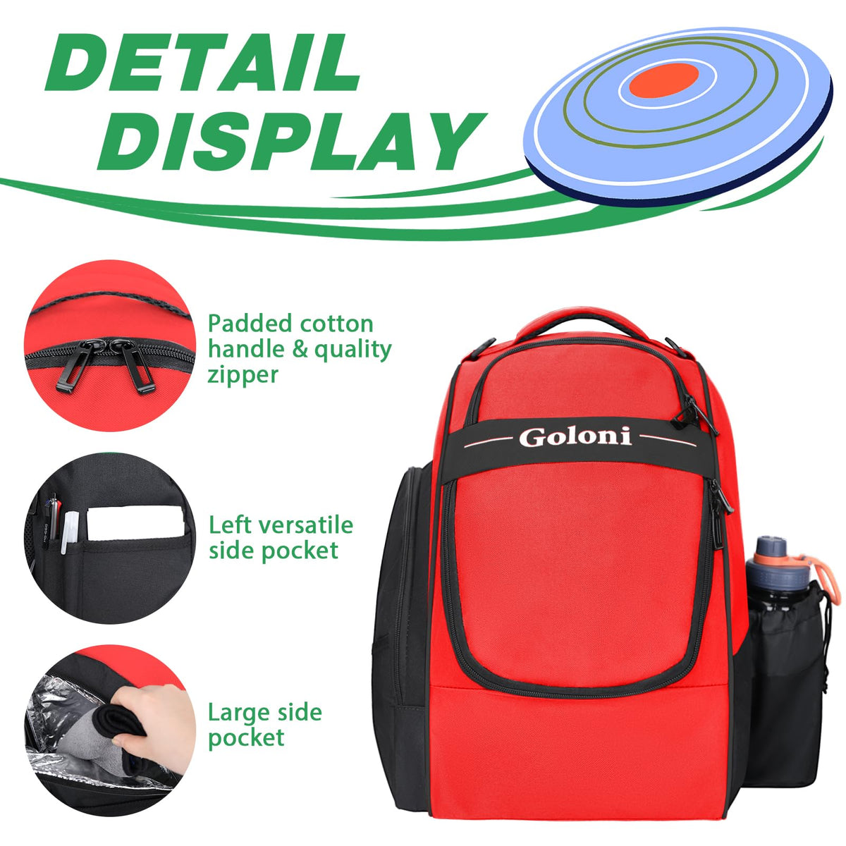 Goloni disc golf bag upper compartment for clothes or essentials during rounds.