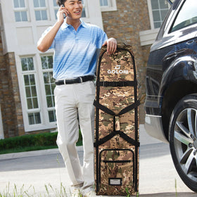 Goloni golf bag with storage strap for compact folding and easy stowaway.