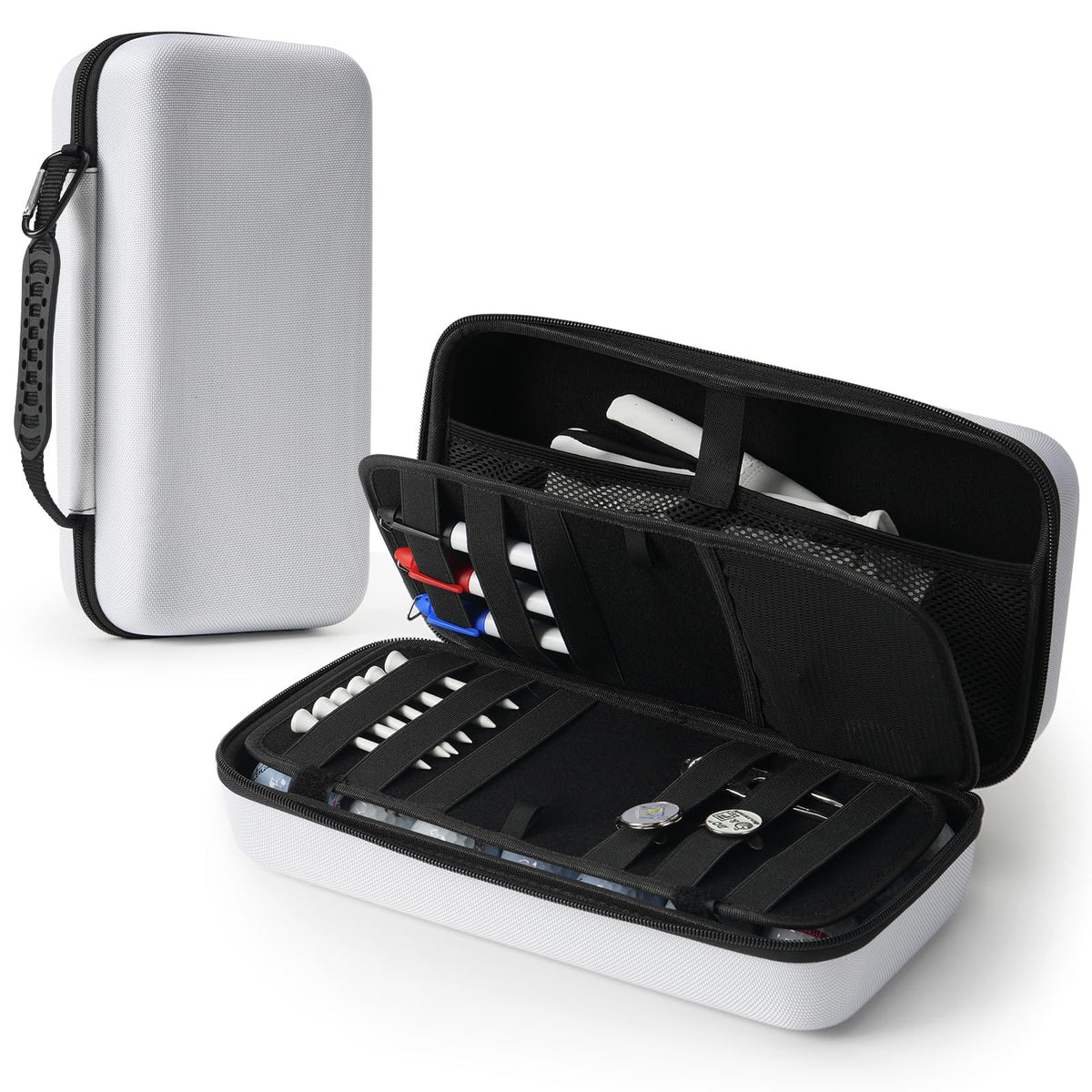 Golracejoy golf glove case interior organized for 21 golf balls.