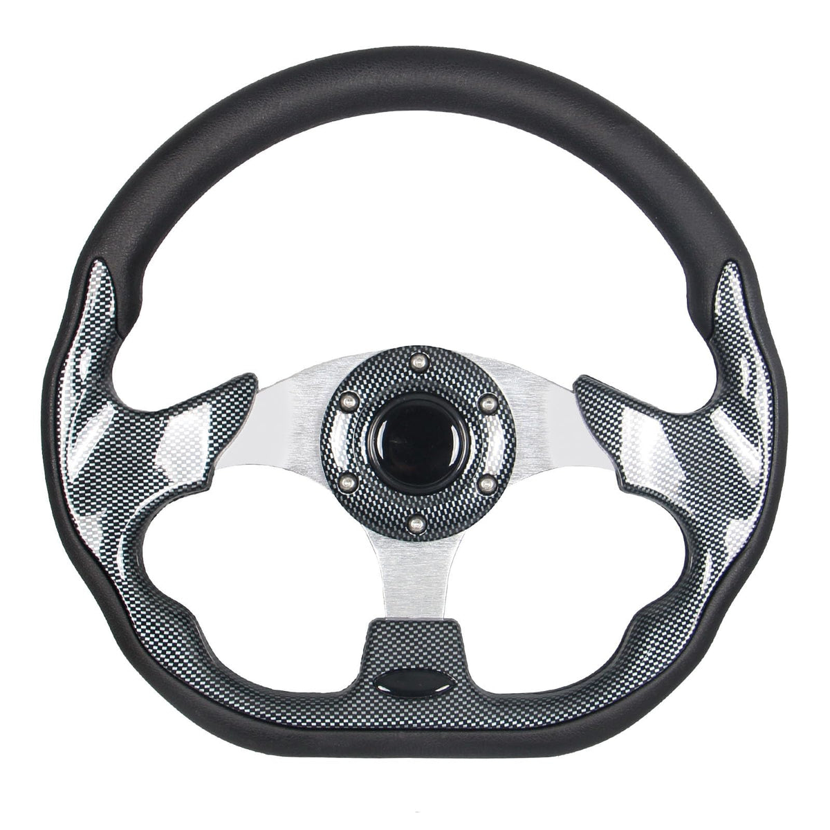 GONMOT carbon fiber steering wheel for golf carts with grip-enhancing surface.