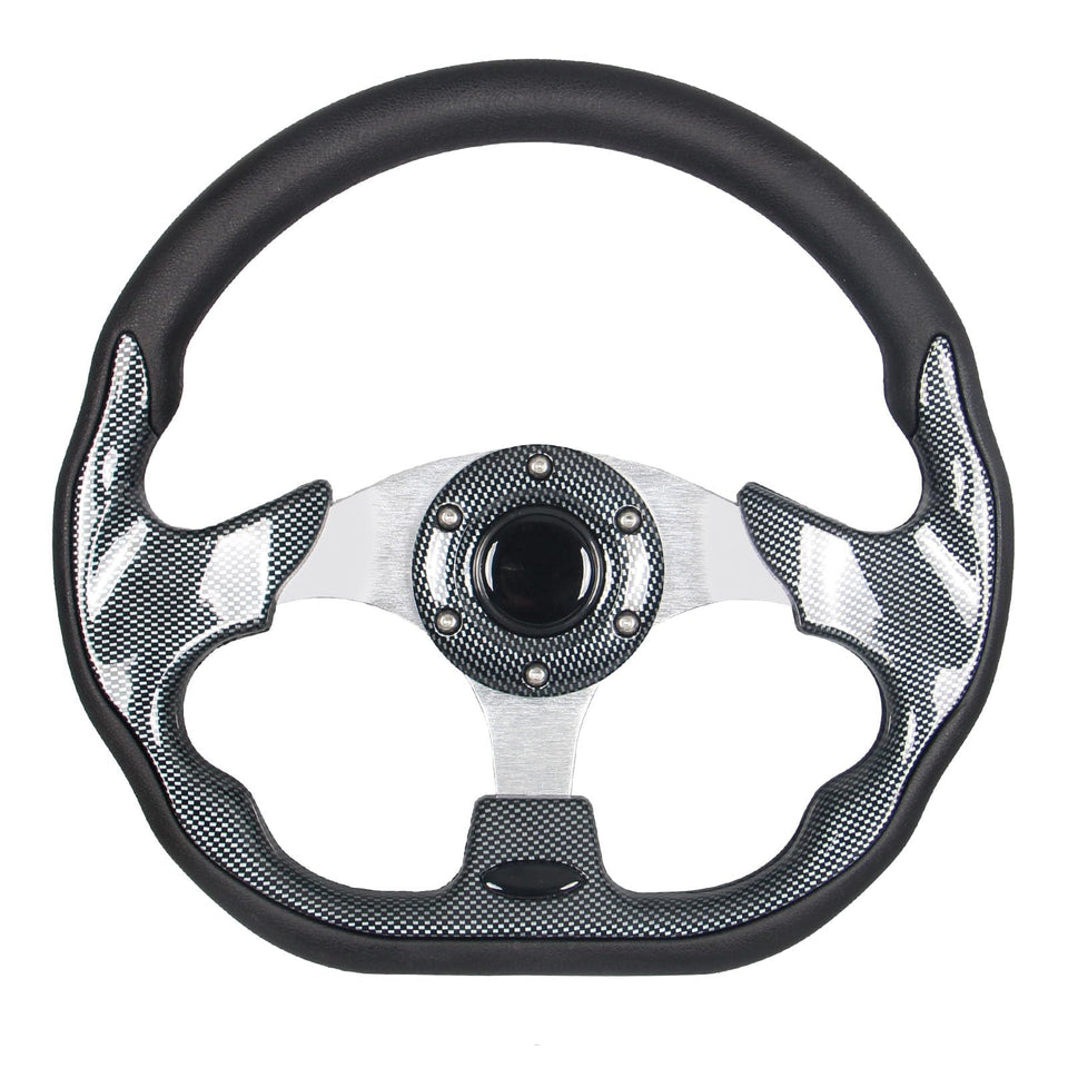 GONMOT carbon fiber steering wheel for golf carts with grip-enhancing surface.