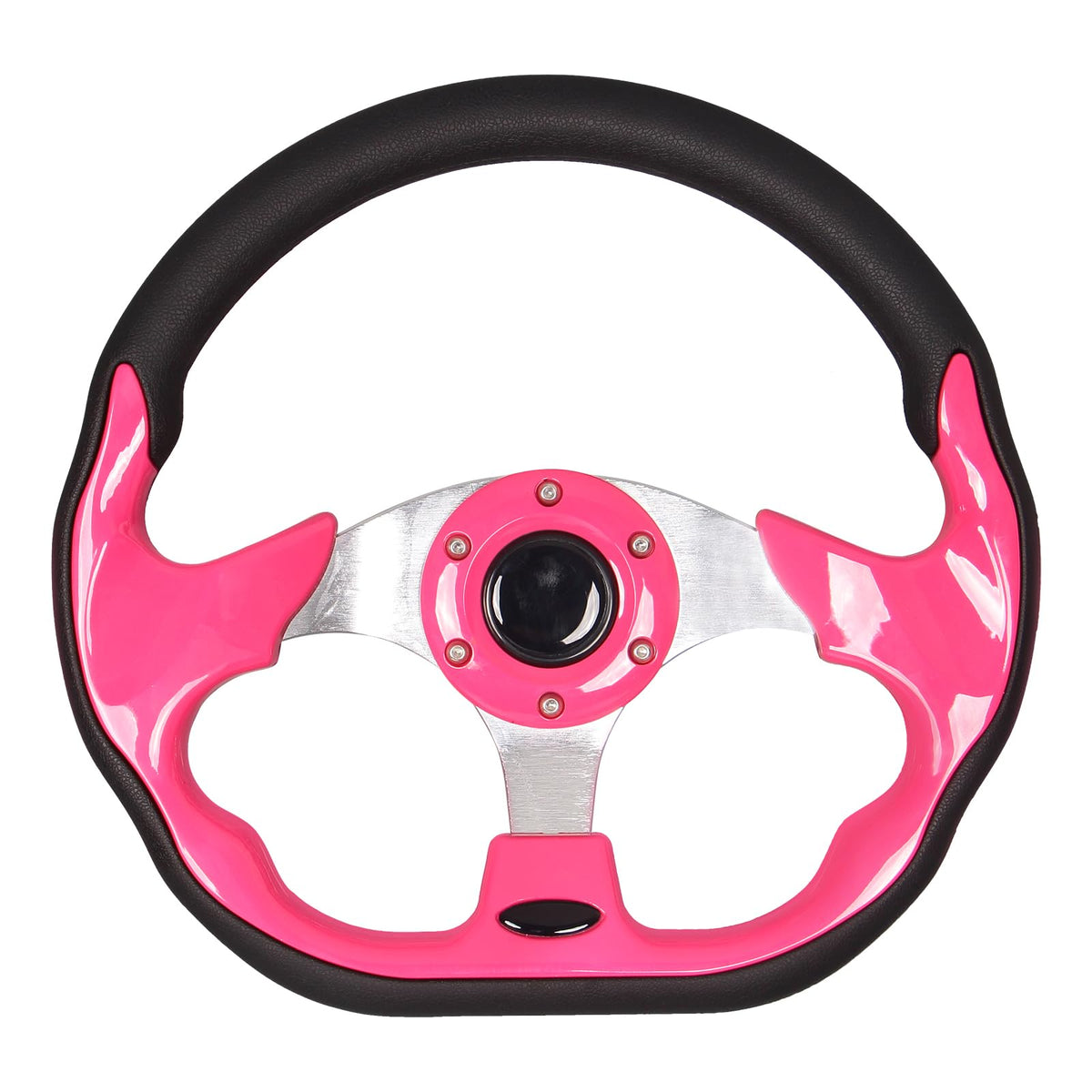 GONMOT pink D-shaped steering wheel closeup highlighting ergonomic grip for golf carts.