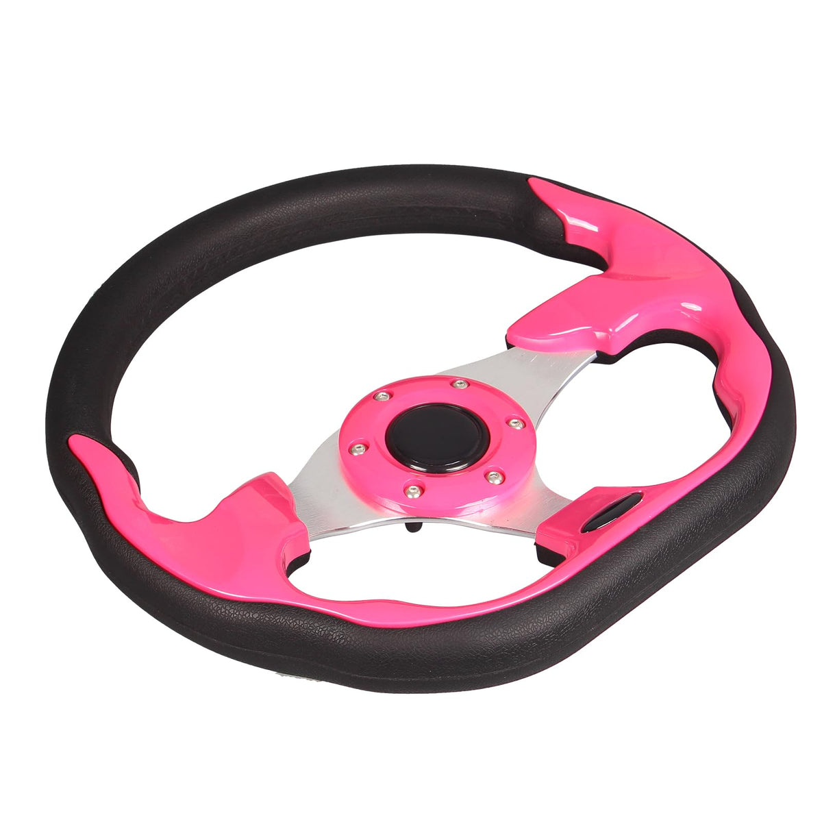 GONMOT pink D-shaped steering wheel installed in a golf cart, illustrating universal fit.